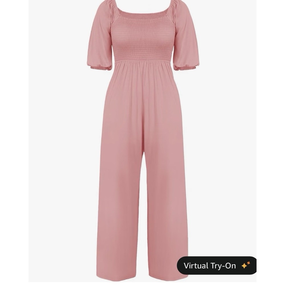 Womens Pink Smocked Square Neck Wide-Leg Jumpsuit Pockets 3/4 Balloon